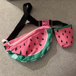 Watermelon Print Waist Bag with Drink Pouch - Pink/Green
